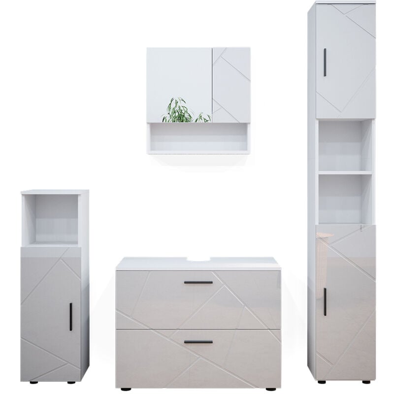 Vicco - Ensemble de meubles de salle de bain Irma, Blanc Haute brillance, 4 pièces, avec armoire à tiroirs et armoire haute