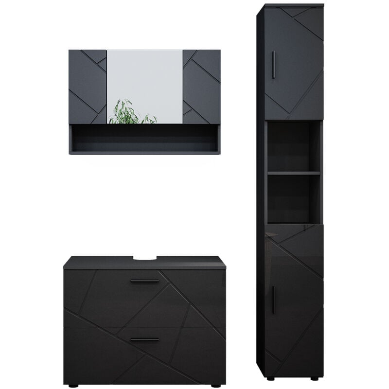 Vicco - Ensemble de meubles de salle de bain Irma, Anthracite Haute brillance, 3 pièces, armoire basse 80 cm