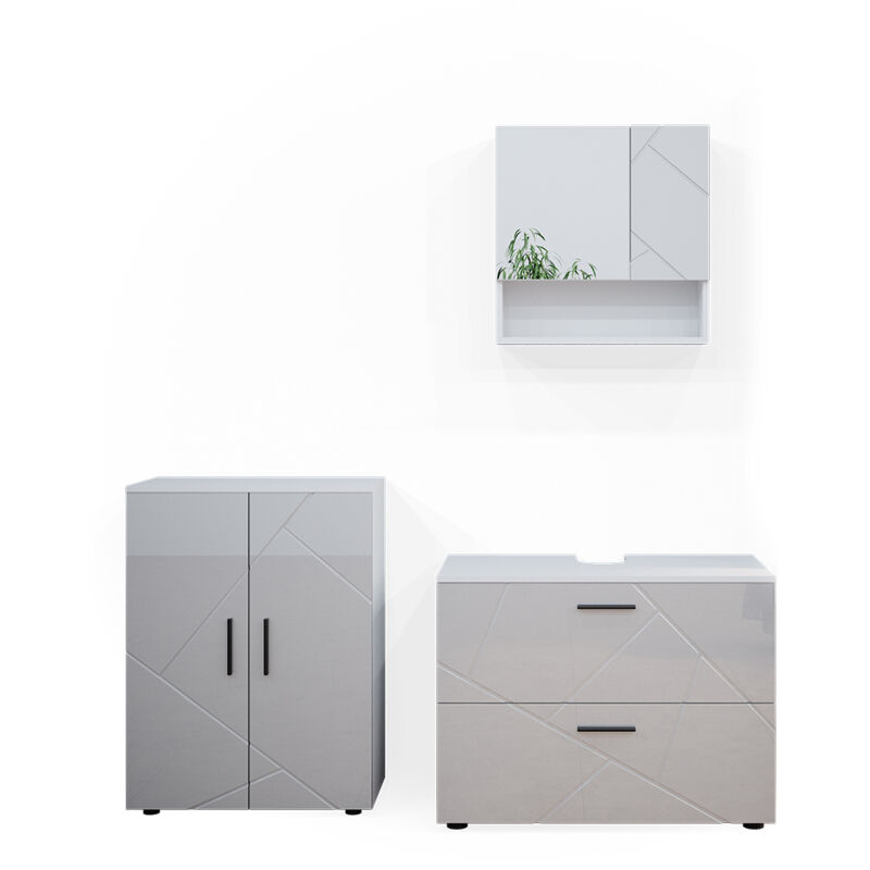 Vicco - Ensemble de meubles de salle de bain Irma, Blanc Haute brillance, 3 pièces, avec armoire basse 80 cm