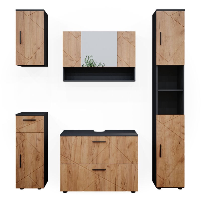 Vicco - Ensemble de meubles de salle de bain Irma, Chêne doré/anthracite, 5 pièces