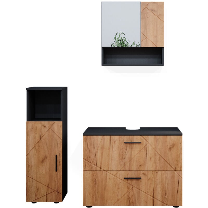 Vicco - Ensemble de meubles de salle de bain Irma, Chêne doré/anthracite, 3 pièces, avec armoire centrale