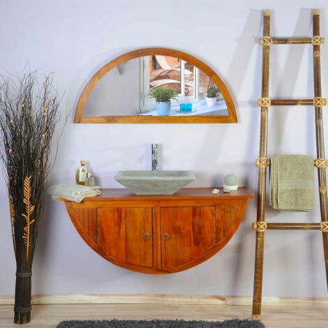Ensemble meuble de salle de bain suspendu en teck 120 cm avec miroir et vasque grise