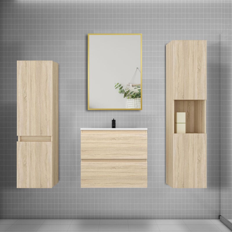 Biubiubath - Ensemble meuble de salle de bains 60cm vasque + colonne + miroir mural,chêne