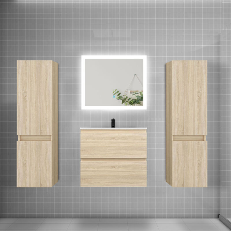 Biubiubath - Ensemble meuble de salle de bains 60cm, vasque + colonne + miroir rectangulaire,chêne