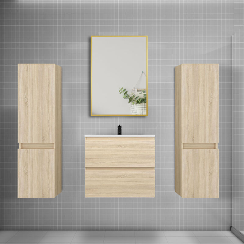 Ensemble meuble de salle de bains 60cm vasque + colonne + miroir,chêne