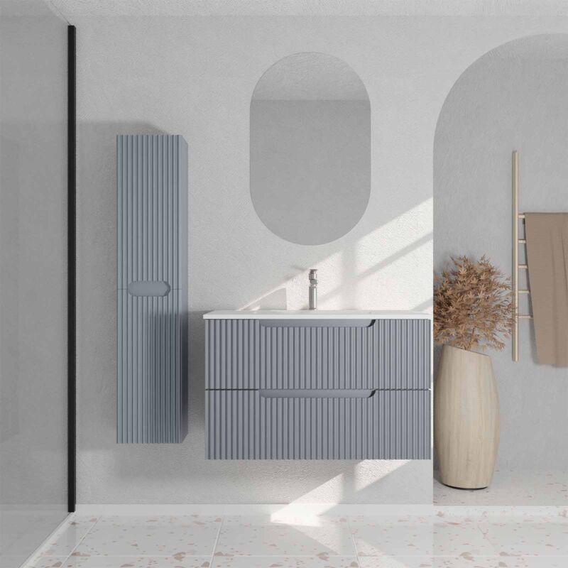 Aurlane - Meuble et colonne de Salle de Bains leon 80cm Gris Souris - Façades Ondulées - Vasque Blanche Mate