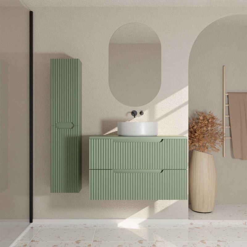 Aurlane - Meuble et colonne de Salle de Bains leon 80cm Vert Olive - Façades Ondulées - Vasque Ronde 36cm