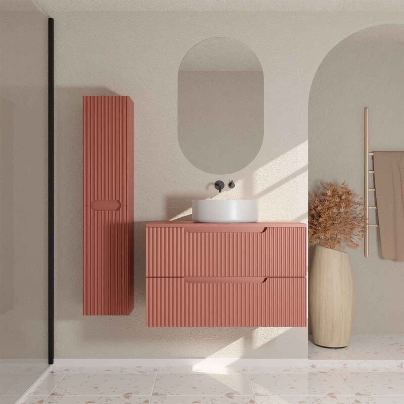 Meuble et colonne de Salle de Bains leon 80cm Terracotta - Façades Ondulées - Vasque Ronde 36cm