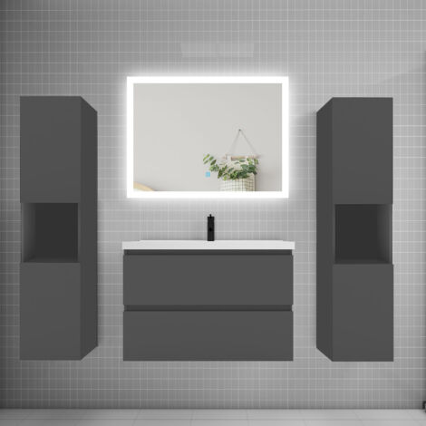 Ensemble meuble de salle de bains 80cm, simple vasque + colonne + LED miroir rectangulaire,anthracite