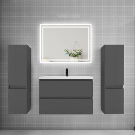 Ensemble meuble de salle de bains 80cm, simple vasque + colonne + LED miroir,anthracite