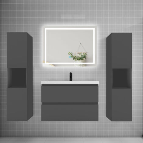 Ensemble meuble de salle de bains 80cm, vasque + colonne + LED miroir mural,anthracite