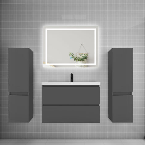 Ensemble meuble de salle de bains 80cm, vasque + colonne + LED miroir,anthracite