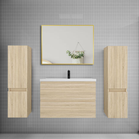Ensemble meuble de salle de bains 80cm vasque + colonne + miroir,chêne