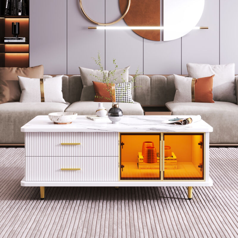 Ensemble meuble de salon - 1 meuble tv 170x37x47.5 cm et 1 table basse 100x50x40 cm avec tiroirs, verre trempé et mdf, blanc