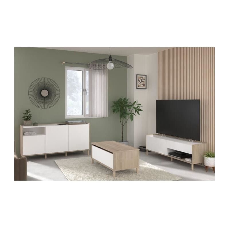 Ensemble meuble de salon - Meuble tv, table basse, buffet bas - morphos - Décor blanc / Chene Parisot