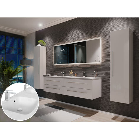 Ensemble meuble de SDB Leon 160 4 pièce en blanc brillant avec miroir LED - blanc brilliant