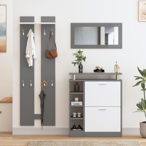 Ensemble Meuble d'entrée - 1 miroir + 2 panneaux muraux + 1 meuble à chaussures - Gris