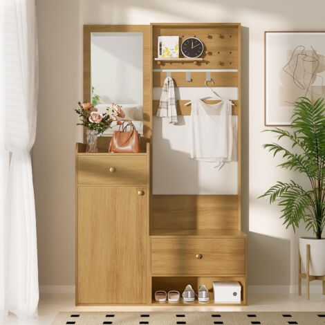 Ensemble meuble d'entrée 105 cm, armoire compacte avec étagères, miroir, crochets ajustables et rangement, meuble multifonction moderne - Naturelle