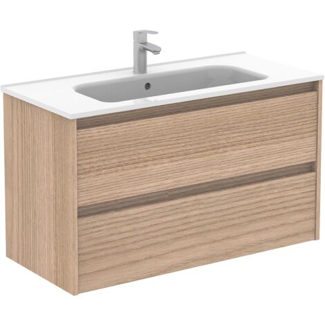 Ensemble meuble double vasque 100 cm avec 2 tiroirs – Finition noyer sablé – Coulisses Hettich – Intérieur textile gris