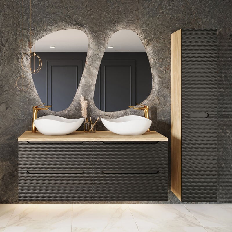 Petits-meubles - Ensemble meuble double vasque 120cm 4 tiroirs et colonne Elora Noir et bois Cloud