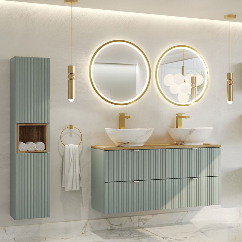 Petits-meubles - Ensemble meuble double vasque 120cm 4 tiroirs et colonne Jade Vert et Bois