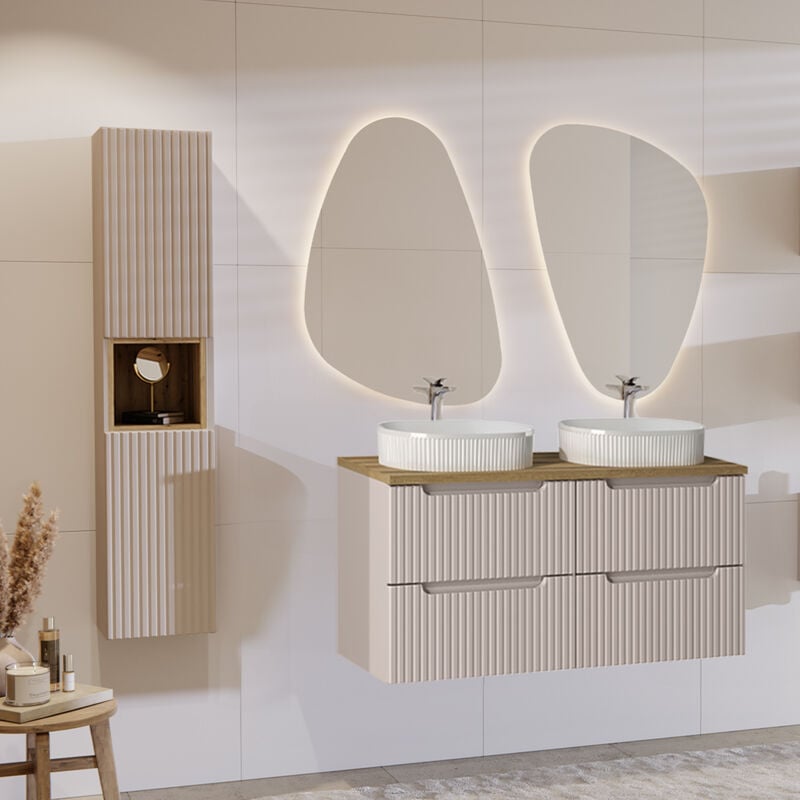 Petits-meubles - Ensemble meuble double vasque 120cm 4 tiroirs et colonne Riva Cachemire et Bois