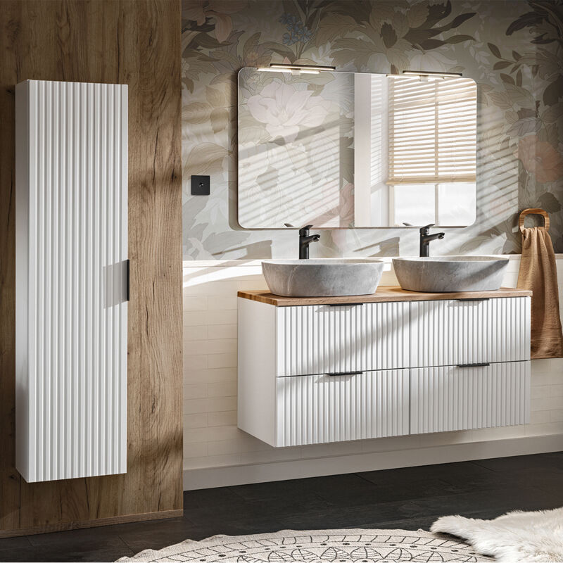 Petits-meubles - Ensemble meuble double vasque 120cm et colonne Adriel Blanc et effet Pierre