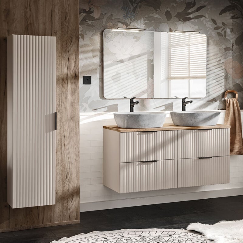 Petits-meubles - Ensemble meuble double vasque 120cm et colonne Adriel Cachemire Bois et effet Pierre