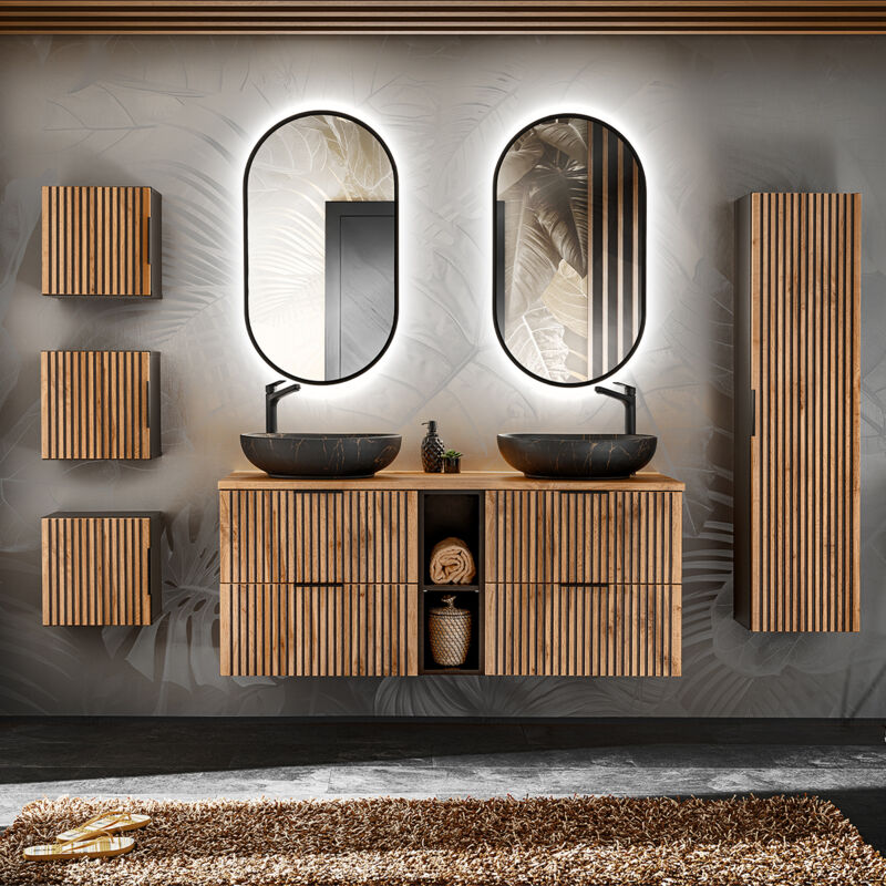 Petits-meubles - Ensemble meuble double vasque 140cm 2 niches colonne et 3 armoires murales Gaia Bois et Noir - Vasque Noir