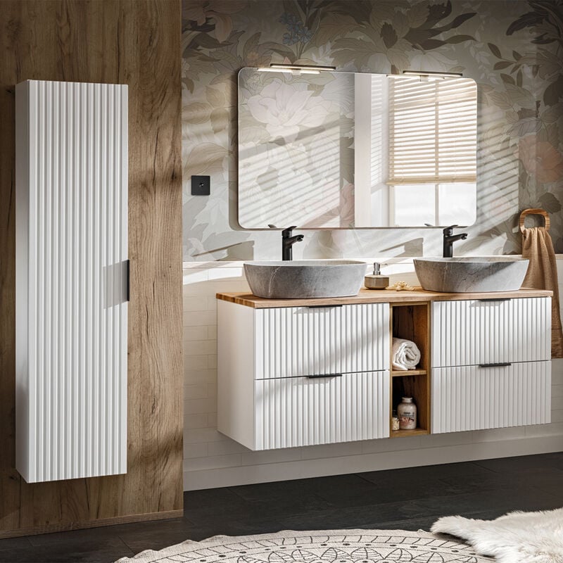 Petits-meubles - Ensemble meuble double vasque 140cm 2 niches et colonne Adriel Blanc et effet Pierre