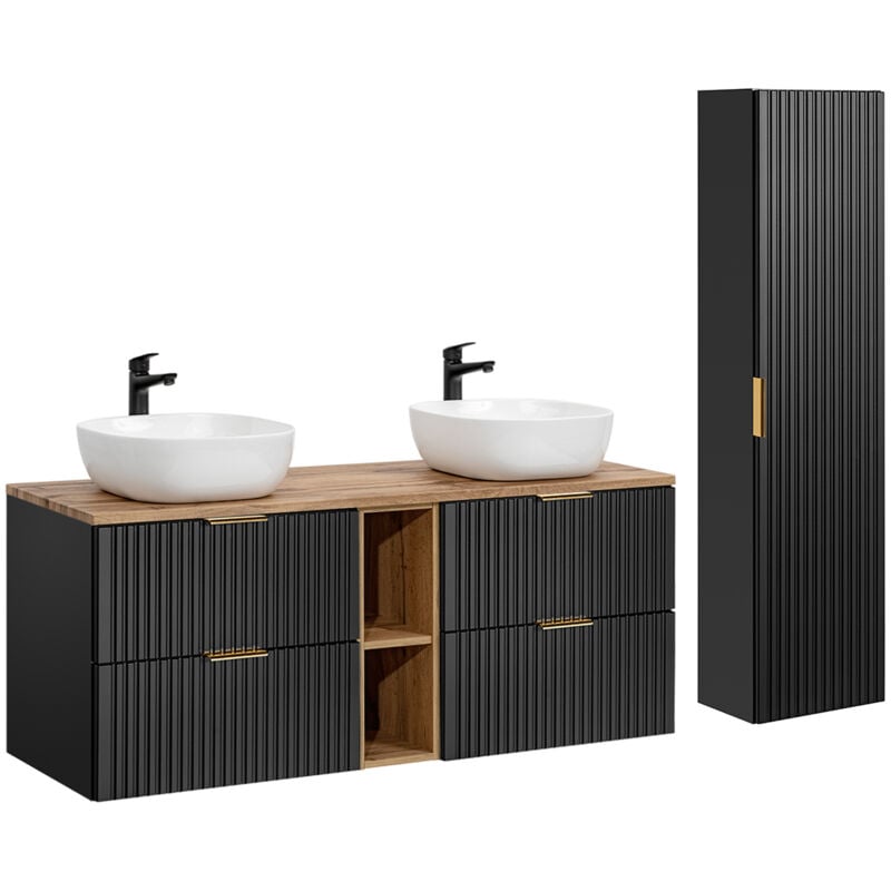Petits-meubles - Ensemble meuble double vasque 140cm 2 niches et colonne Adriel Noir et Bois