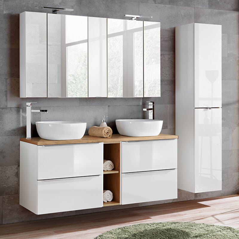 Petits-meubles - Ensemble meuble double vasque 140cm 2 niches et colonne April Blanc et Bois
