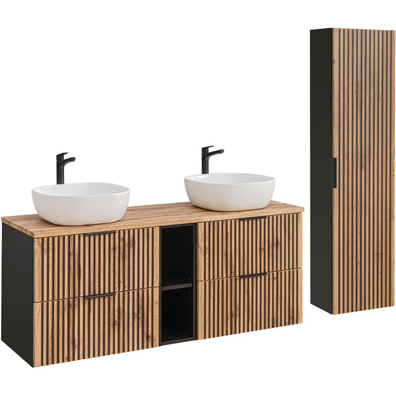 Petits-meubles - Ensemble meuble double vasque 140cm 2 niches et colonne Gaia Bois et Noir