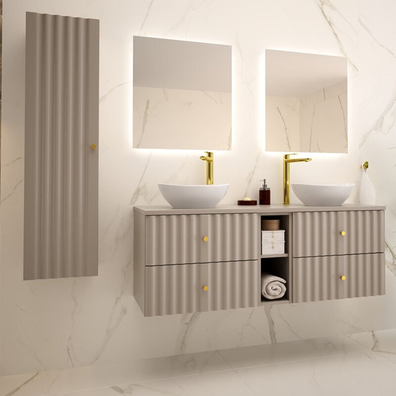 Ensemble meuble double vasque 140cm 2 niches et colonne Izae Cachemire