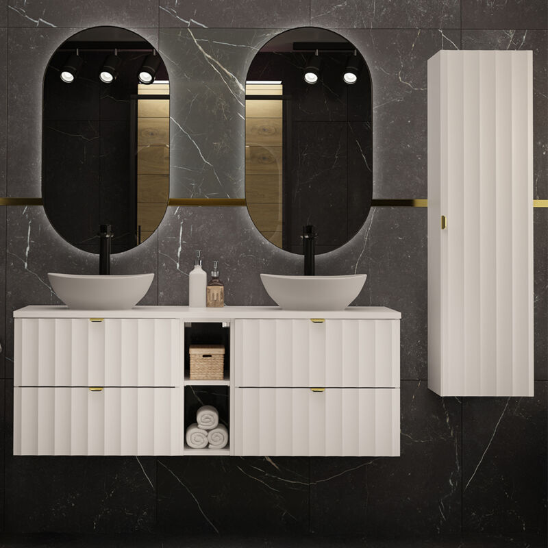 Ensemble meuble double vasque 140cm 2 niches et colonne Lexa Blanc