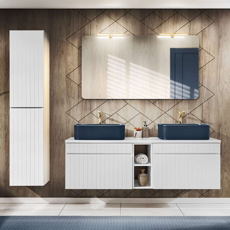Petits-meubles - Ensemble meuble double vasque 140cm 2 niches et colonne Zelie Blanc et Bleu
