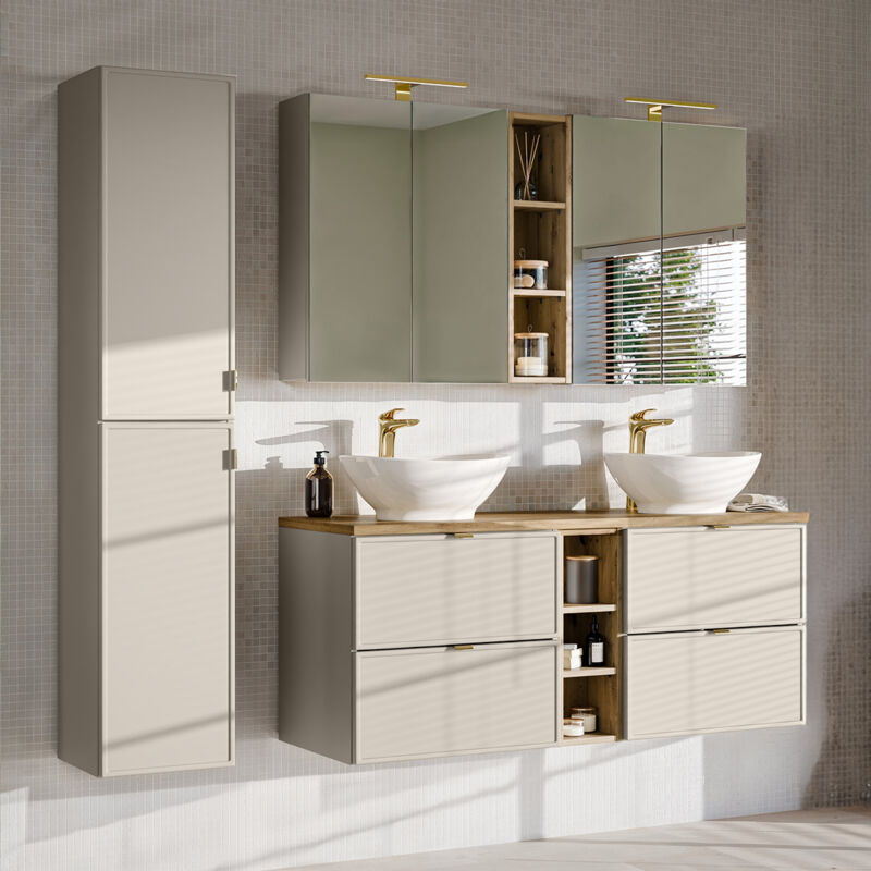 Petits-meubles - Ensemble meuble double vasque 140cm 3 niches et colonne Alba Cachemire Lola