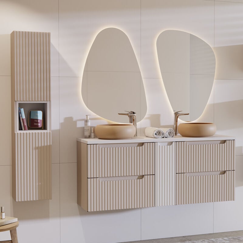 Petits-meubles - Ensemble meuble double vasque 140cm 4 tiroirs et colonne Riva Cachemire et Blanc