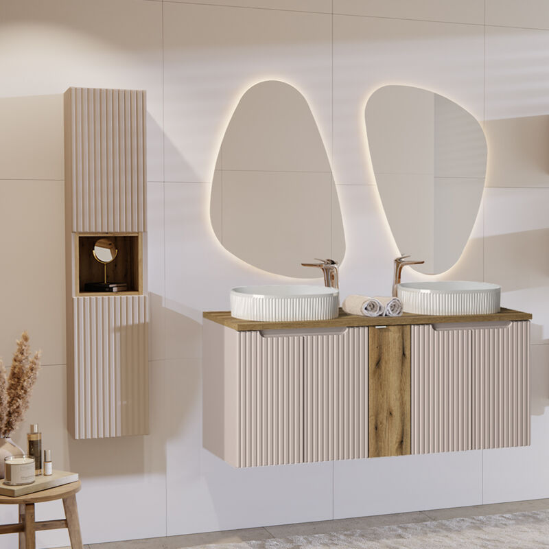 Petits-meubles - Ensemble meuble double vasque 140cm 5 portes et colonne Riva Cachemire et Bois