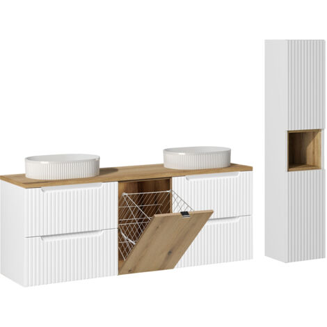 Ensemble meuble double vasque 160cm panier à linge et colonne Riva Blanc et Bois