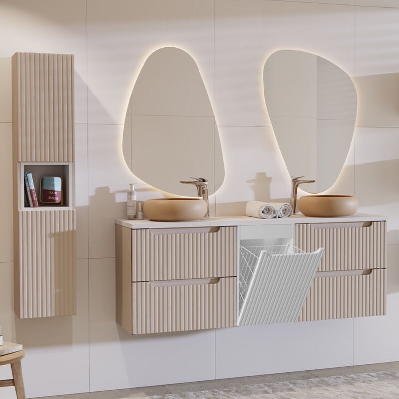 Petits-meubles - Ensemble meuble double vasque 160cm panier à linge et colonne Riva Cachemire et Blanc