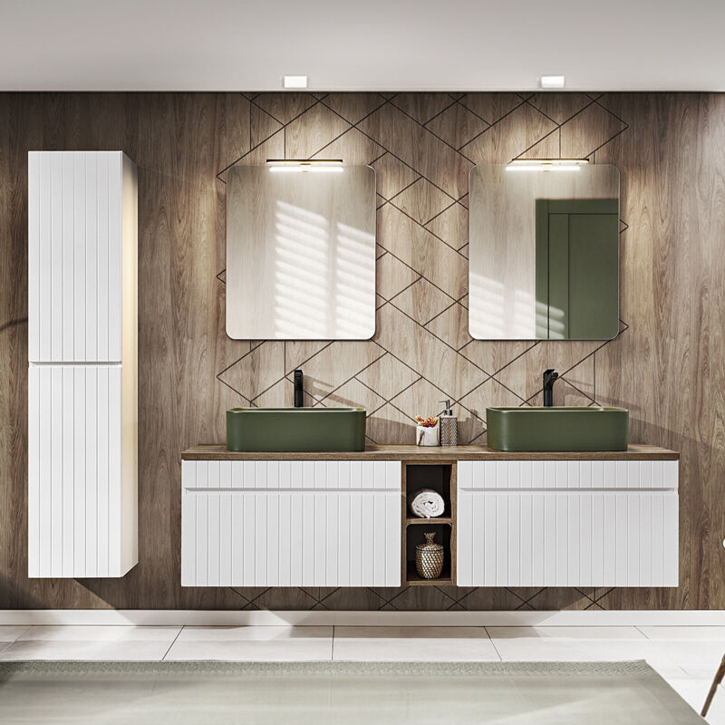 Petits-meubles - Ensemble meuble double vasque 180cm 2 niches et colonne Zelie Blanc Bois et Vert
