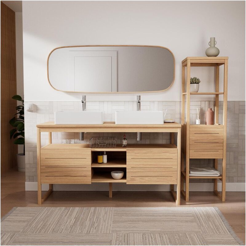 Ensemble meuble double vasque ATOLL 140 cm + Vasques + Robinets + Miroir + Colonne