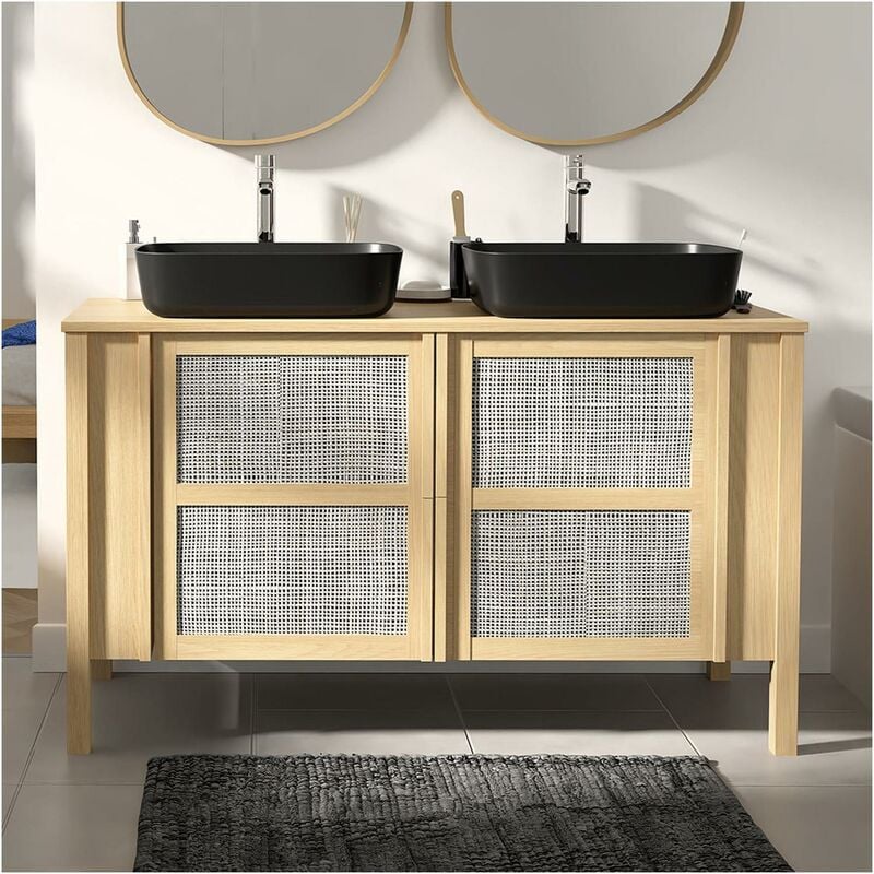 Ensemble meuble double vasque chêne portes cannage 130 cm + vasque + robinet