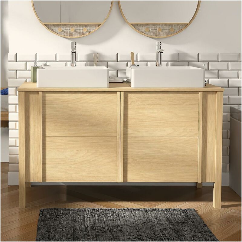 Ensemble meuble double vasque chêne portes lisses 130 cm + 2 vasques + 2 robinets