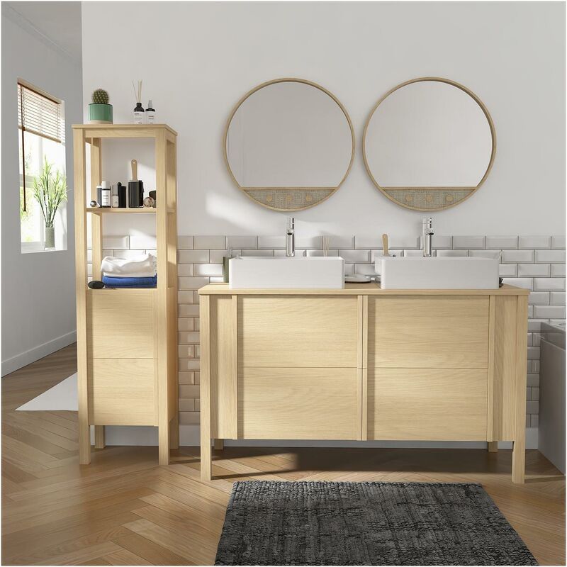 Mob-in - Ensemble meuble double vasque chêne portes lisses 130 cm + vasque + robinet + miroir + colonne