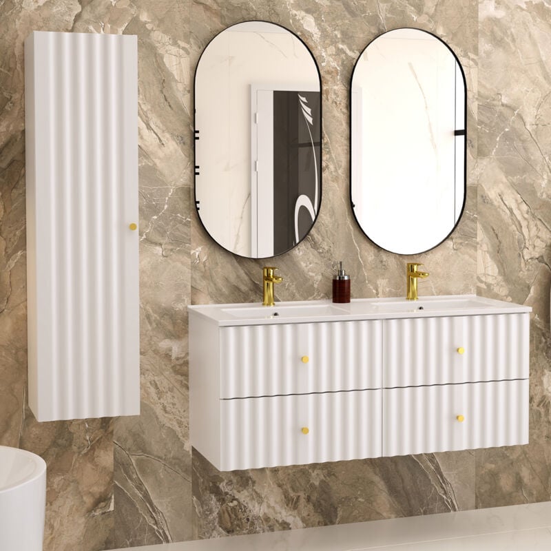 Petits-meubles - Ensemble meuble double vasque encastrée 120cm et colonne Izae Blanc