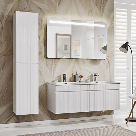 Ensemble meuble double vasque encastrée 120cm et colonne Zelie Blanc
