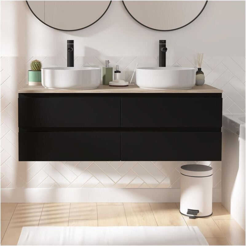 Mob-in - Meuble double vasque 120cm avec plan bois sorrento Noir + vasque