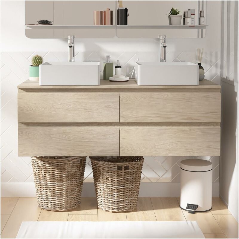 Meuble double vasque 120cm avec plan bois SORRENTO Décor chêne + vasque
